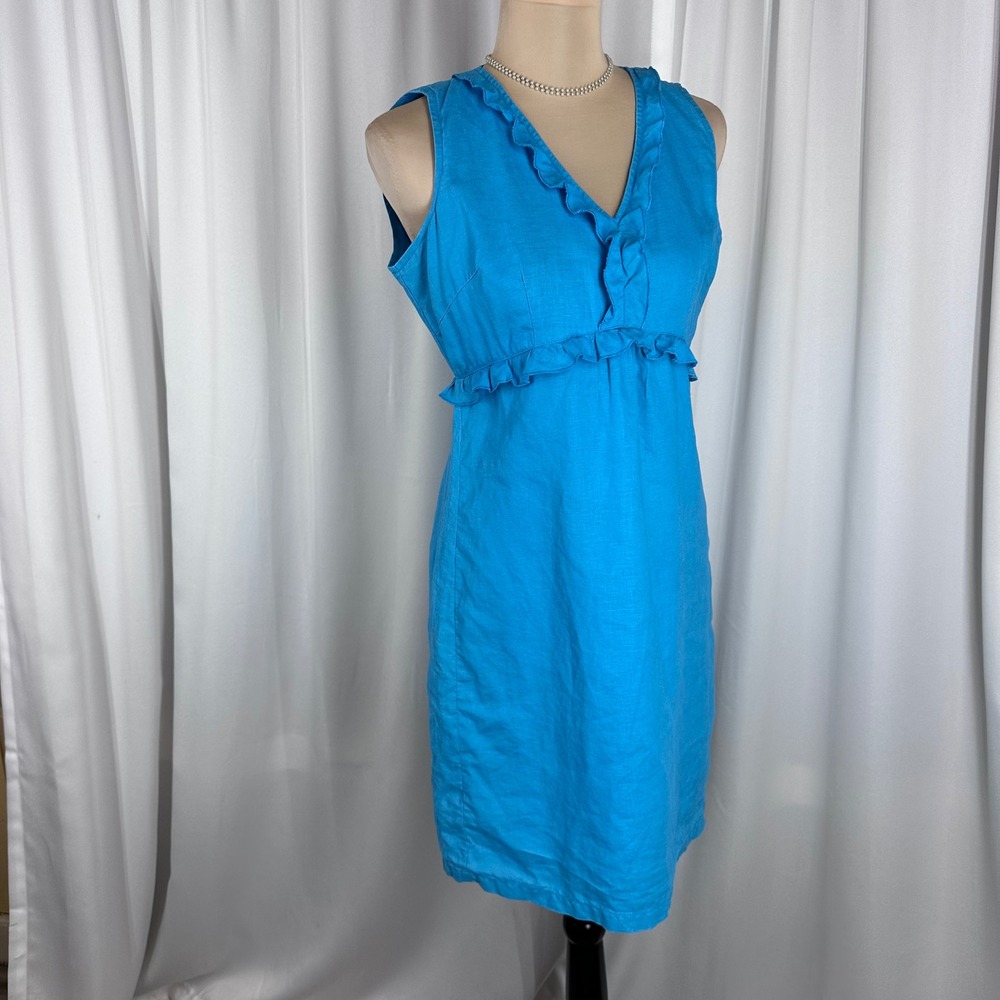 Richard Malcolm Linen Dress Size 4 Blue Sleeveless Ruffle V Neck Lined Shift
